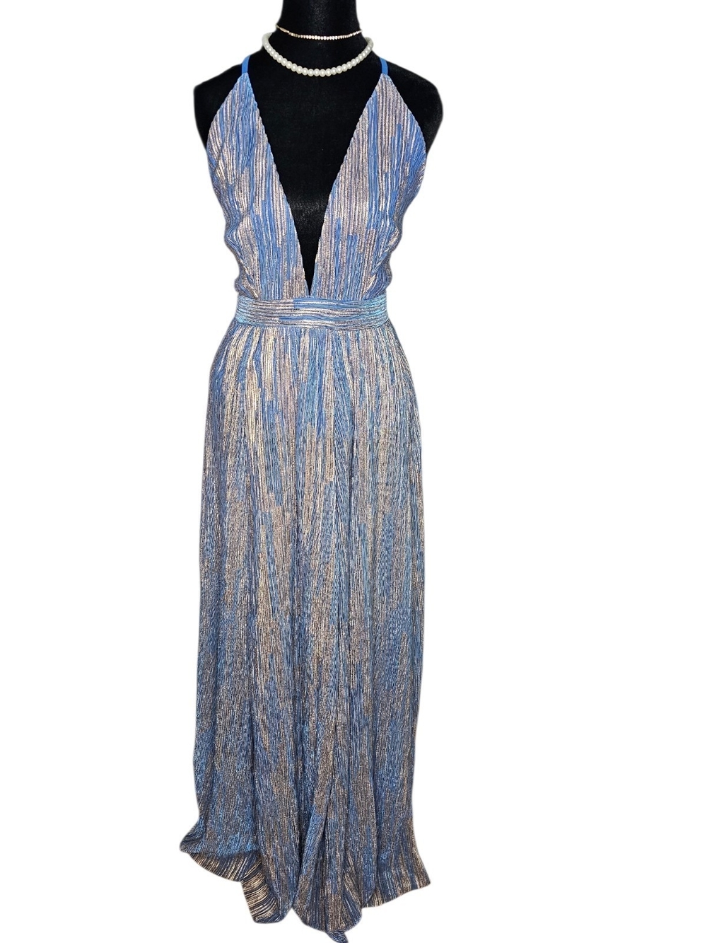 Fashion Nova Blue & Gold Metallic Plisse Deep V Plunge Backless Maxi Dress L